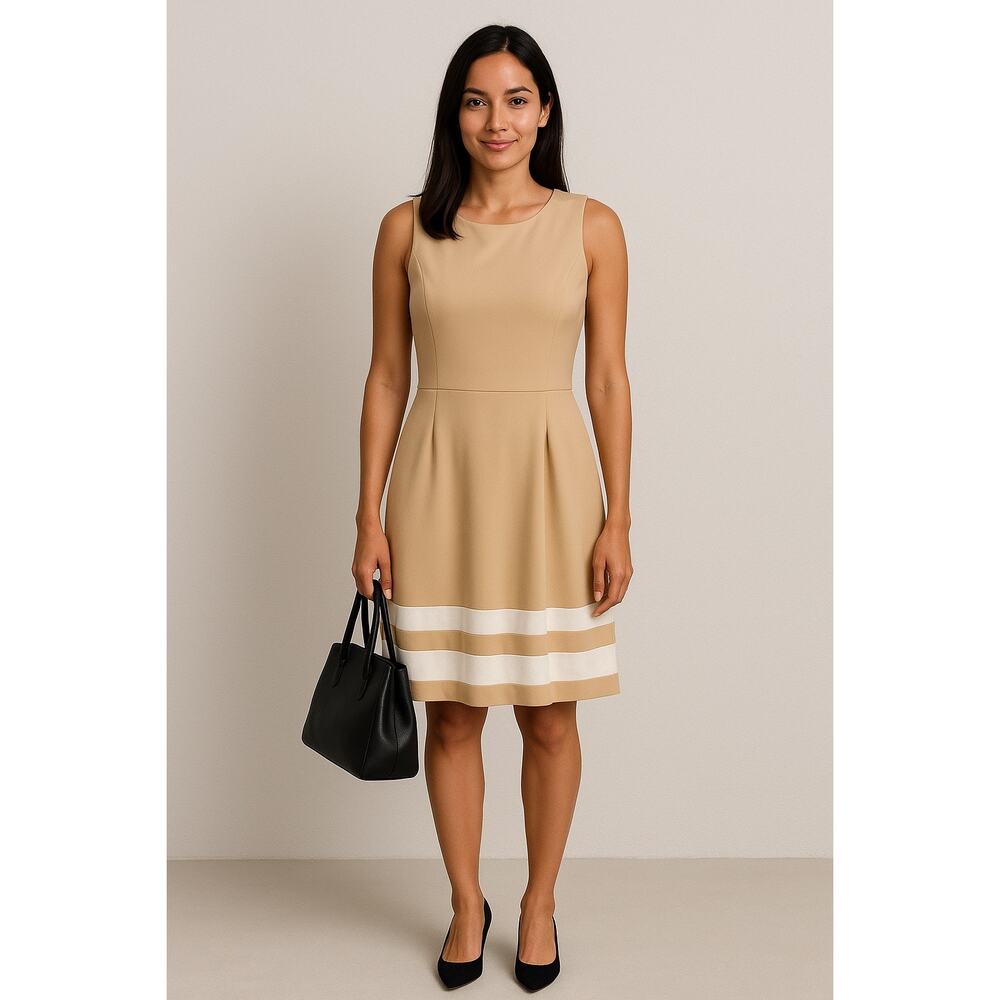 Calvin Klein Sleeveless Tan Pleated Dress with White Stripes at Hem Line Size 6